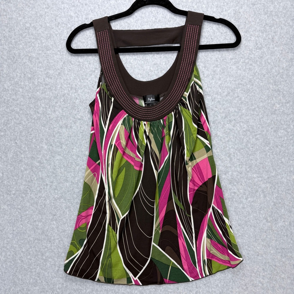 VTG Y2K Byline Abstract Geometric Tank Top Women S Brown‎ Pink Green